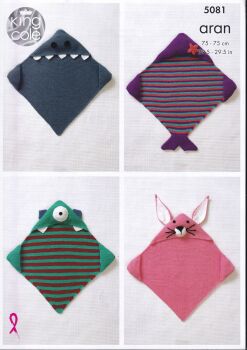 5081 SHARK, BUNNY, MONSTER & MERMAID HOODED BLANKETS KNITTING PATTERN BY KING COLE