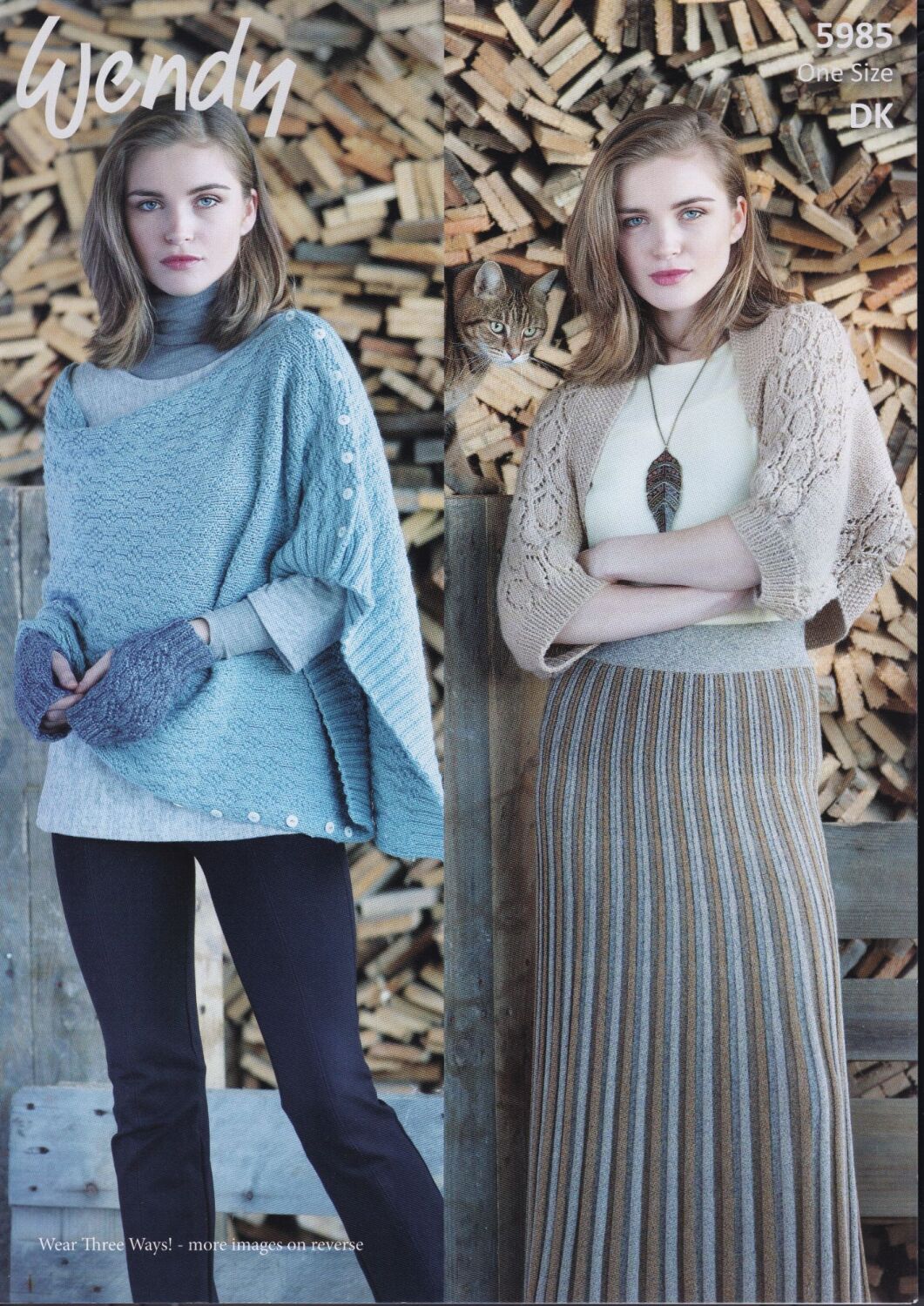 5985 SHRUG, 3 WAY BUTTONED WRAPA AND WRIST ARMERS KNITTING PATTERN BY WENDY