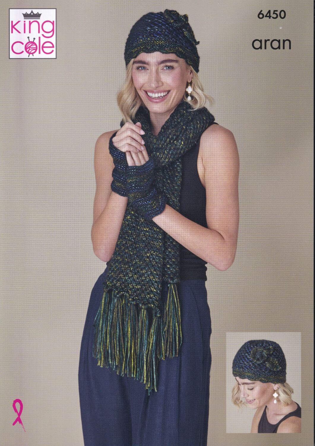 6450 BEANIE, SNOOD, SCARF, HAT AND HAND WARMERS KNITTING PATTERN BY KING CO