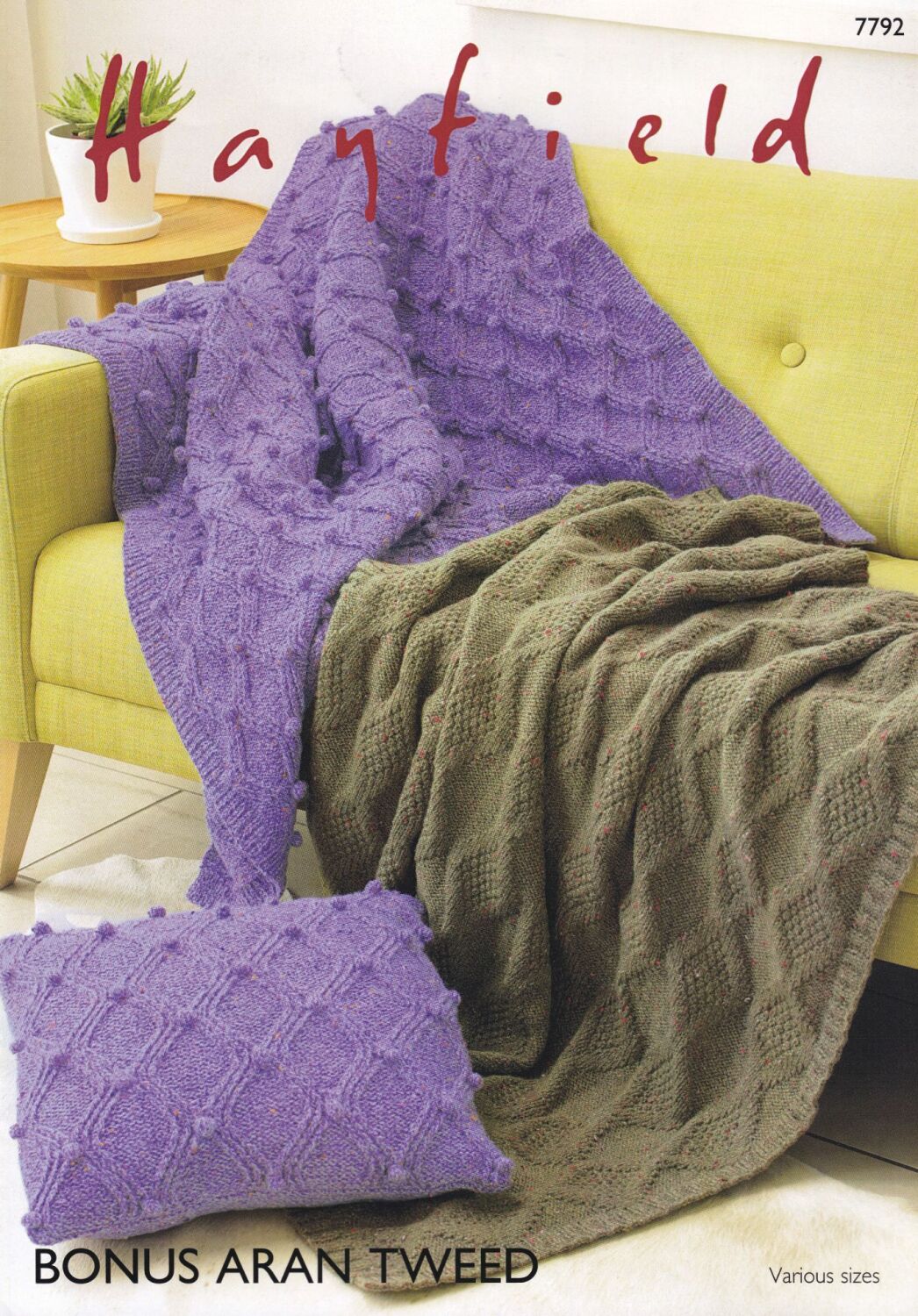 7792 BLANKET AND CUSHION COVER KNITTING PATTERN BY HAYFIELD