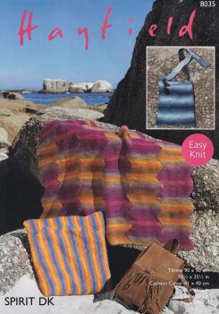 8035 THROW, CUSHION COVER AND BAG KNITTING PATTERN BY HAYFIELD