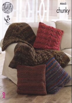 4665 THROW AND CUSHIONS KNITTING PATTERN BY KING COLE