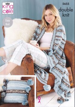 5655 CUSHION, THROW, TEA COSY & HOT WATER BOTTLE COVER KNITTING PATTERN BY KING COLE