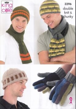 3296 HAT, SCARVES AND GLOVES KNITTING PATTERN BY KING COLE