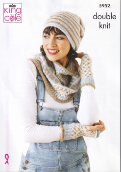 5952 HAT, SNOOD AND HAND WARMERS KNITTING PATTERN BY KING COLE