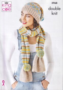 5968 HAT, SCARF AND HAND WARMERS KNITTING PATTERN BY KING COLE