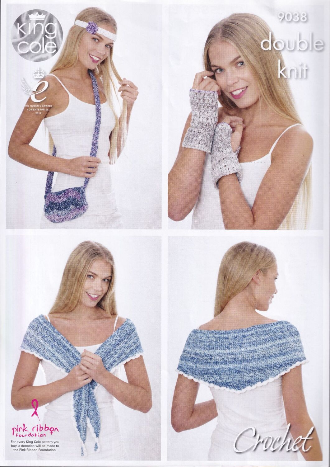 9038 SHAWL, BAG, HEADBAND&WRIST WARMER CROCHET PATTERN BY KING COLE