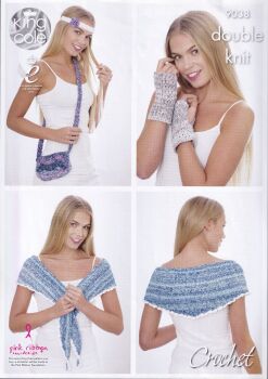 9038 SHAWL, BAG, HEADBAND&WRIST WARMER CROCHET PATTERN BY KING COLE