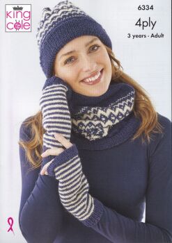 6334 HAT, SNOOD AND WRIST WARMERS KNITTING PATTERN BY KING COLE