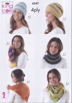 6347 HATS, SNOOD, WRAPS&WRISIT WARMERS CROCHET AND KNITTING PATTERN BY KING COLE