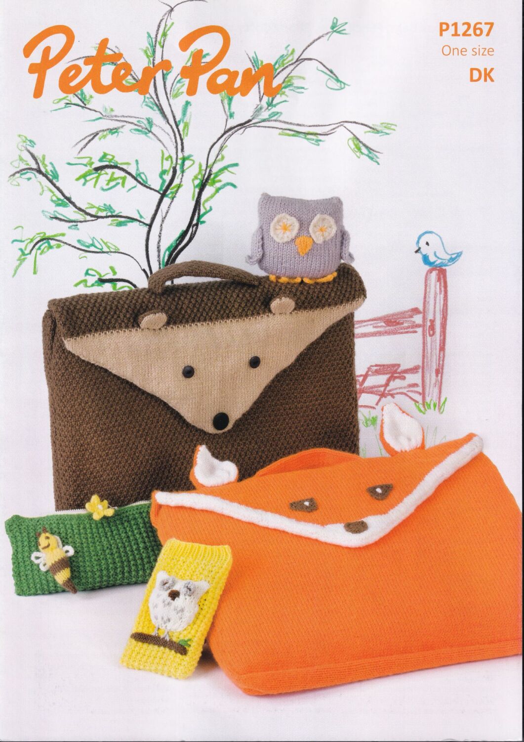 P1267 BAG, PENCIL CASE, PHONE COVER AND OWL KNITTING PATTERN BY PETER PAN