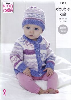 4514 CHILDRENS RAGLAN CARDIGANS AND HAT KNITTING PATTERN BY KING COLE