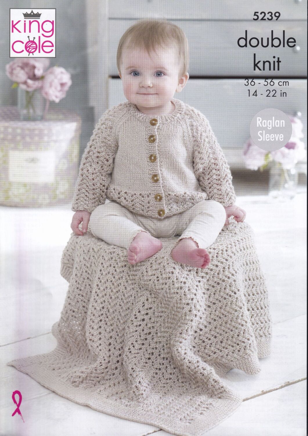 5239 BABY RAGLAN CARDIGAN, HAT AND BLANKET KNITTING PATTERN BY KING COLE