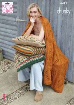 6415 THROW AND CUSHION COVER KNITTING PATTERNS BY KING COLE