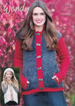 5973 JACKET AND GILET WITH HOOD AND JACKET WITHOUT HOOD KNITTING PATTERN BY WENDY