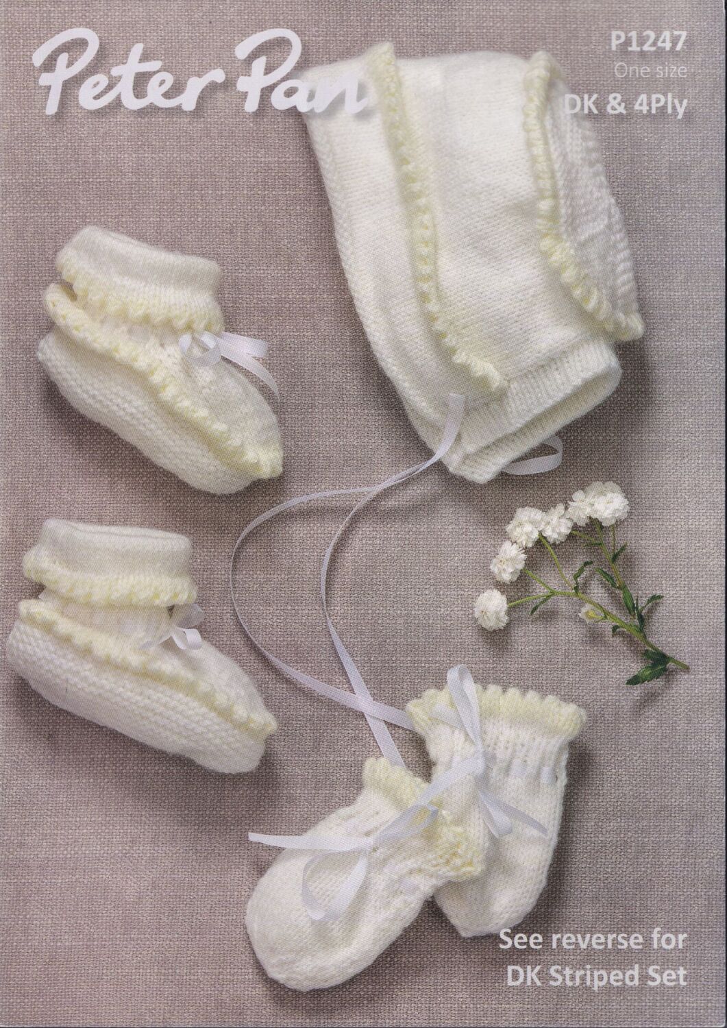 P1247 BABY HAT, BOOTEES AND MITTENS KNITTING PATTERN BY PETER PAN