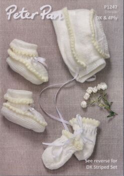 P1247 BABY HAT, BOOTEES AND MITTENS KNITTING PATTERN BY PETER PAN