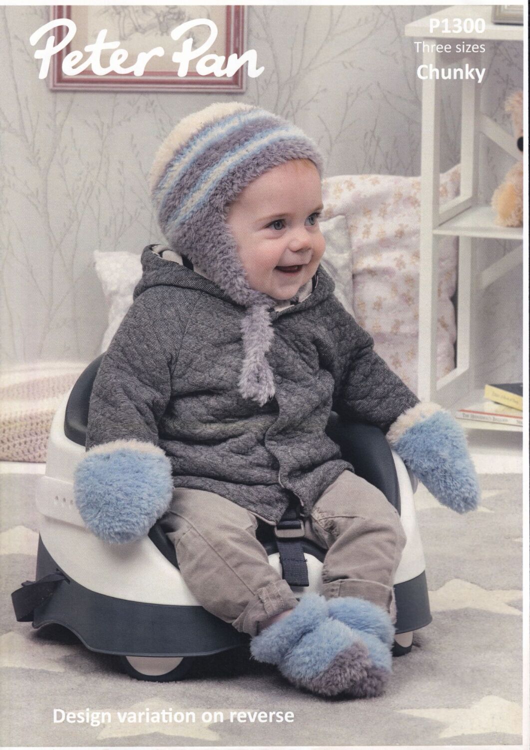 P1300 CHILDRENS HAT, MITTENS AND BOOTS KNITTING PATTERN BY PETER PAN