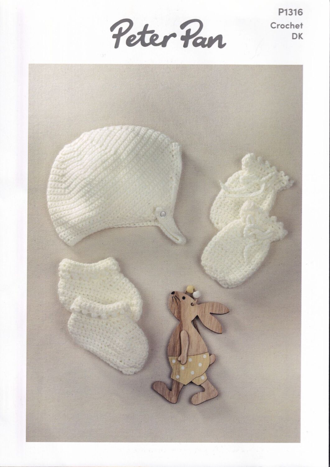 P1316 HAT, MITTENS AND BOOTEES CROCHET PATTERN BY PETER PAN