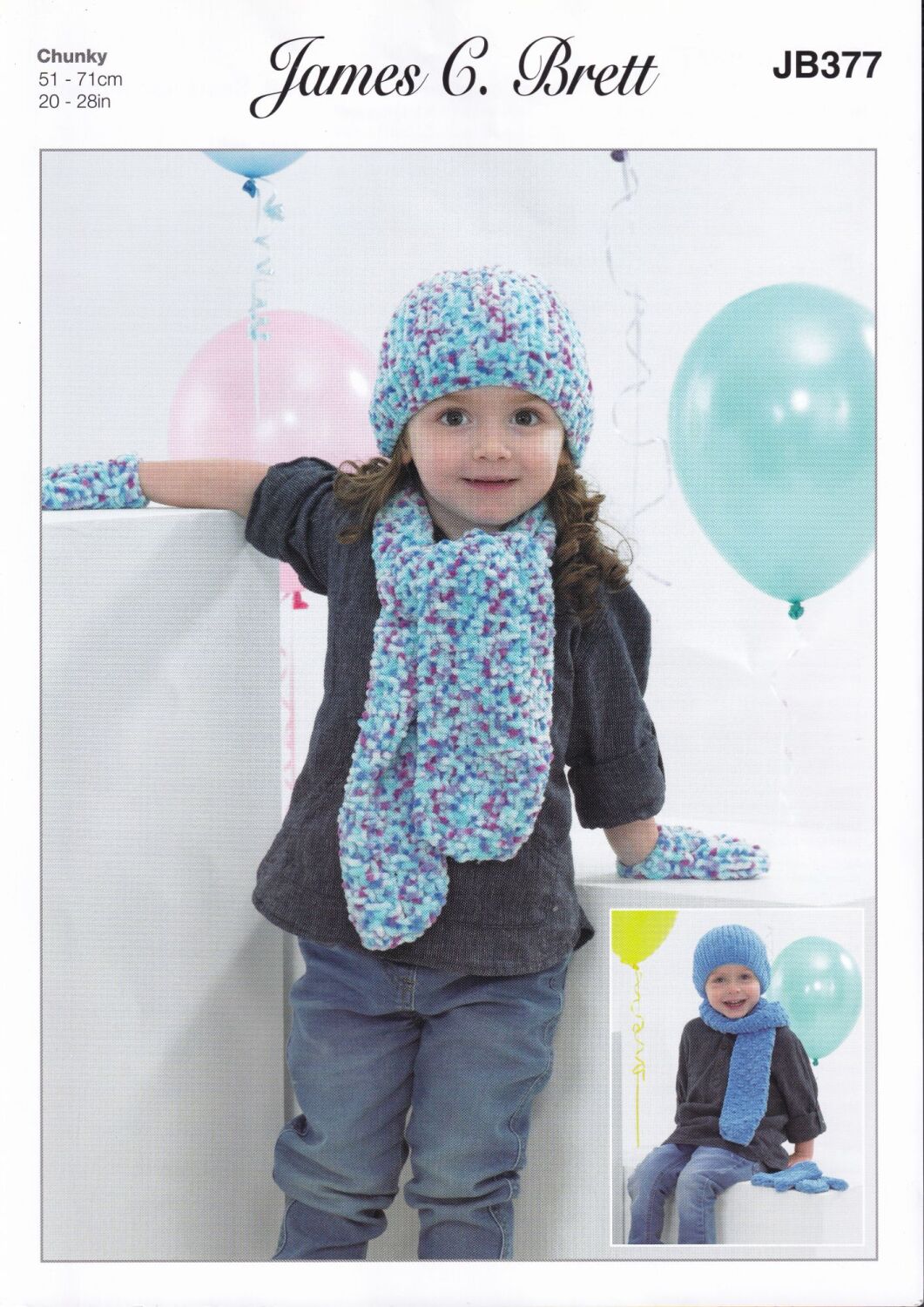 JB377 CHILDRENS HAT, SCARF AND MITTENS KNITTING PATTERN BY JAMES.C.BRETT