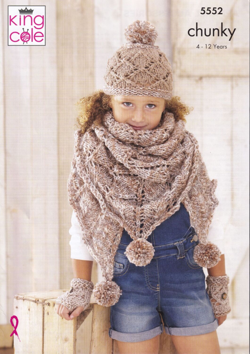 5552 HAT, SCARF, SHAWL AND HAND WARMERS KNITTING PATTERN BY KING COLE