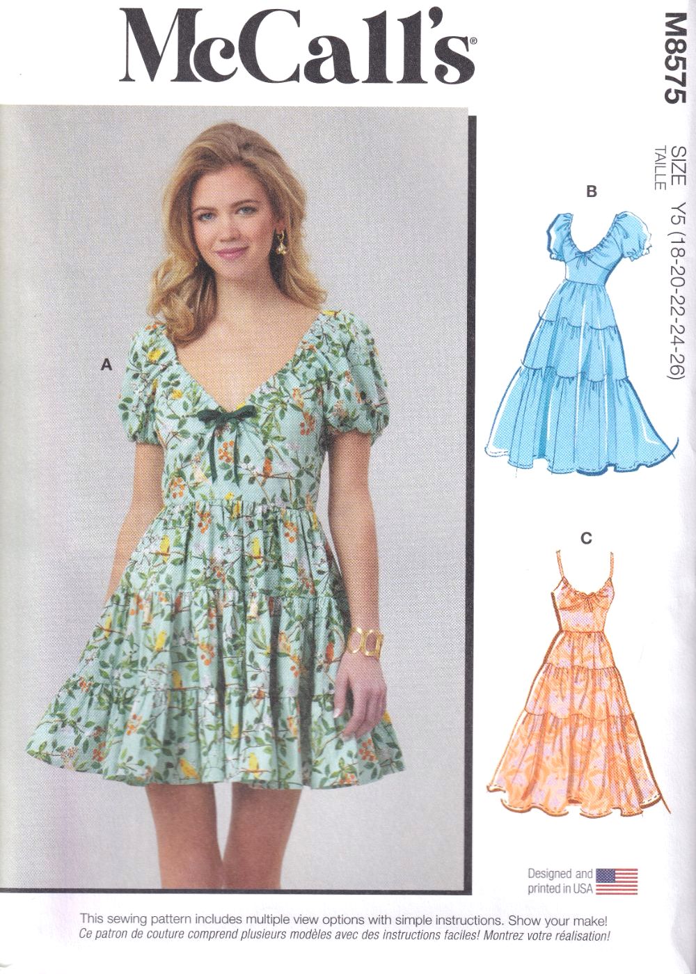 McCALLS MISSES DRESS WITH SLEEVES SEWING PATTERN-SIZE Y5 (18,20,22,24,26)