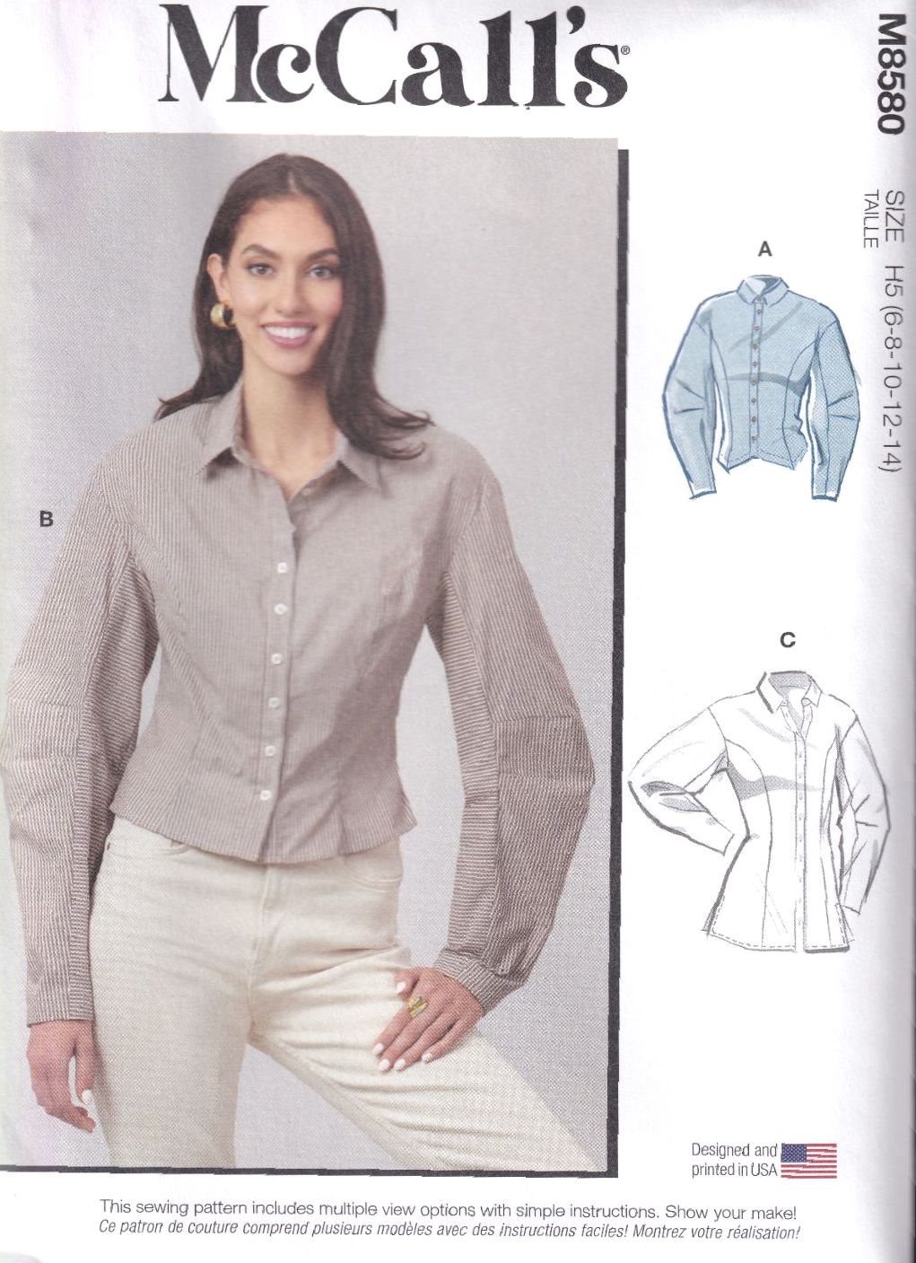 McCALLS 8580 SHIRT IN TWO LENGTHS SEWING PATTERN- SIZE H5 (6,8,10,12,14)