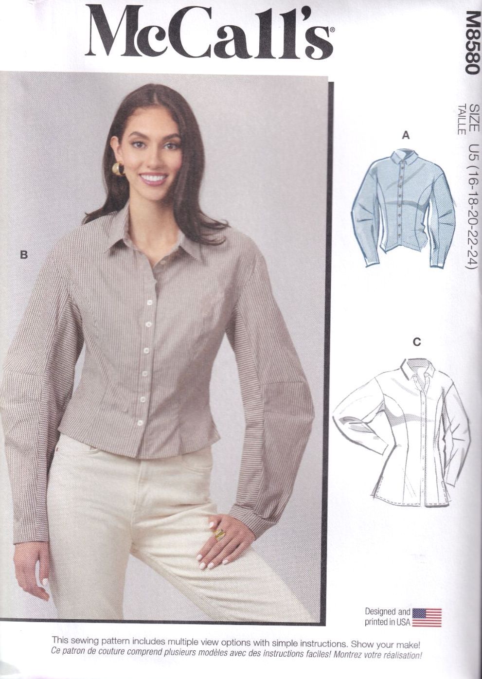 McCALLS 8580 SHIRT IN TWO LENGTHS SEWING PATTERN- SIZE U5 (16,18,20,22,24)