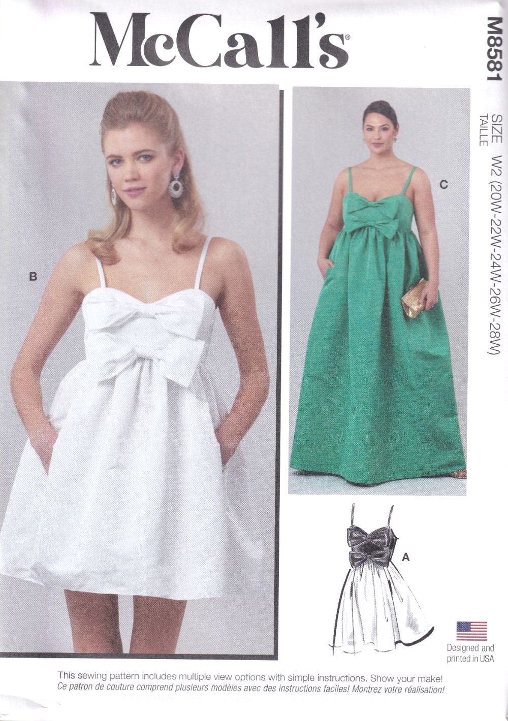 McCALLS 8581 DRESS IN TWO LENGTHS SEWING PATTERN- SIZE W2 (20,22,24,26,28)