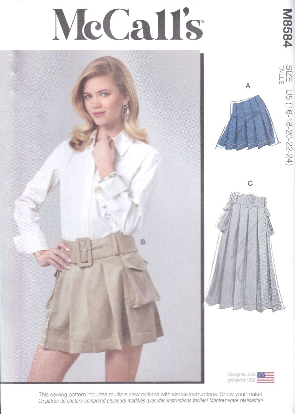 McCALLS 8584 SKIRT IN TWO LENGTHS AND BELT SEWING PATTERN-SIZE U5 (16,18,20