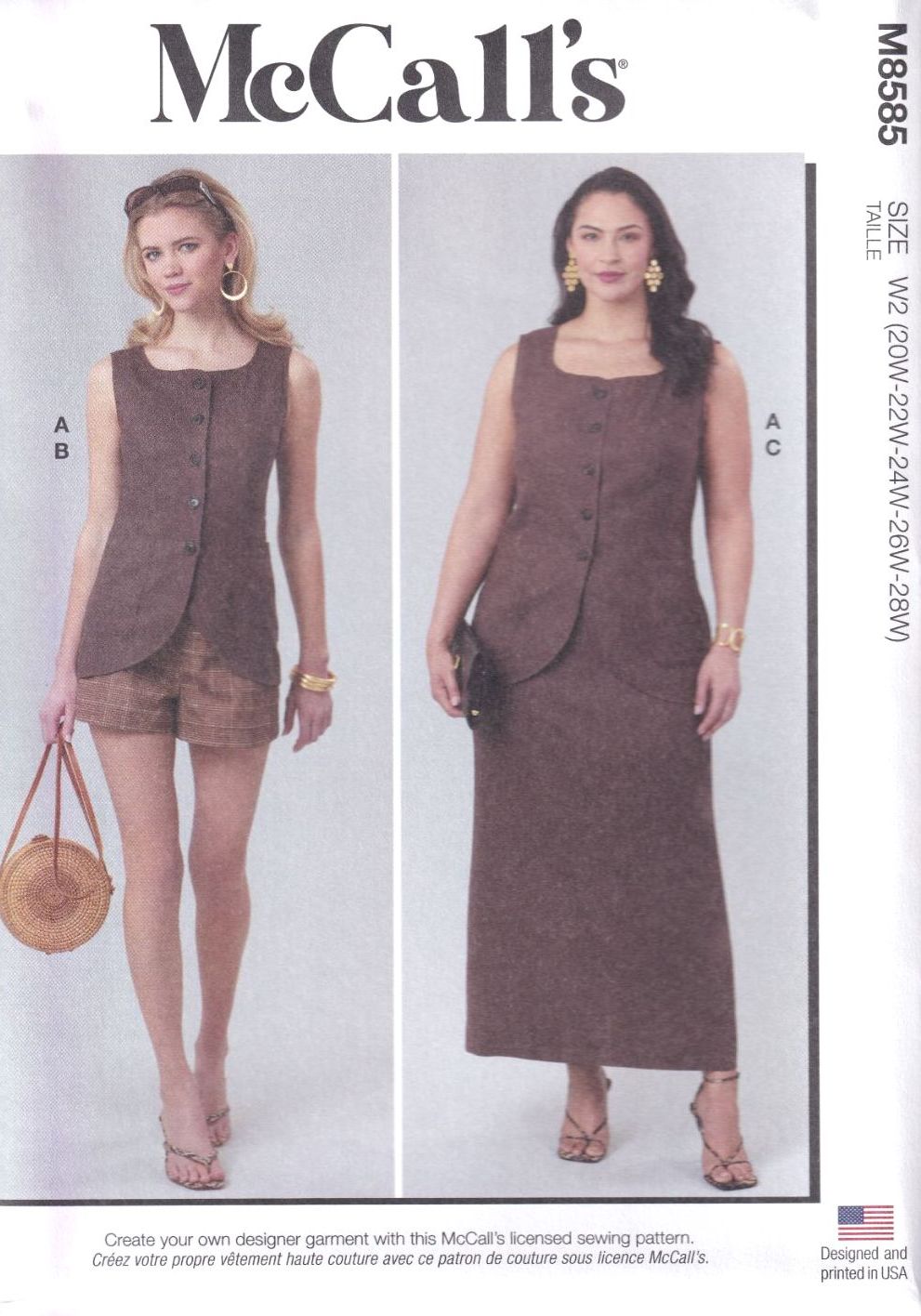 McCALLS 8585 TOP, SHORTS AND SKIRT SEWING PATTERN-SIZE W2 (20,22,24,26,28)