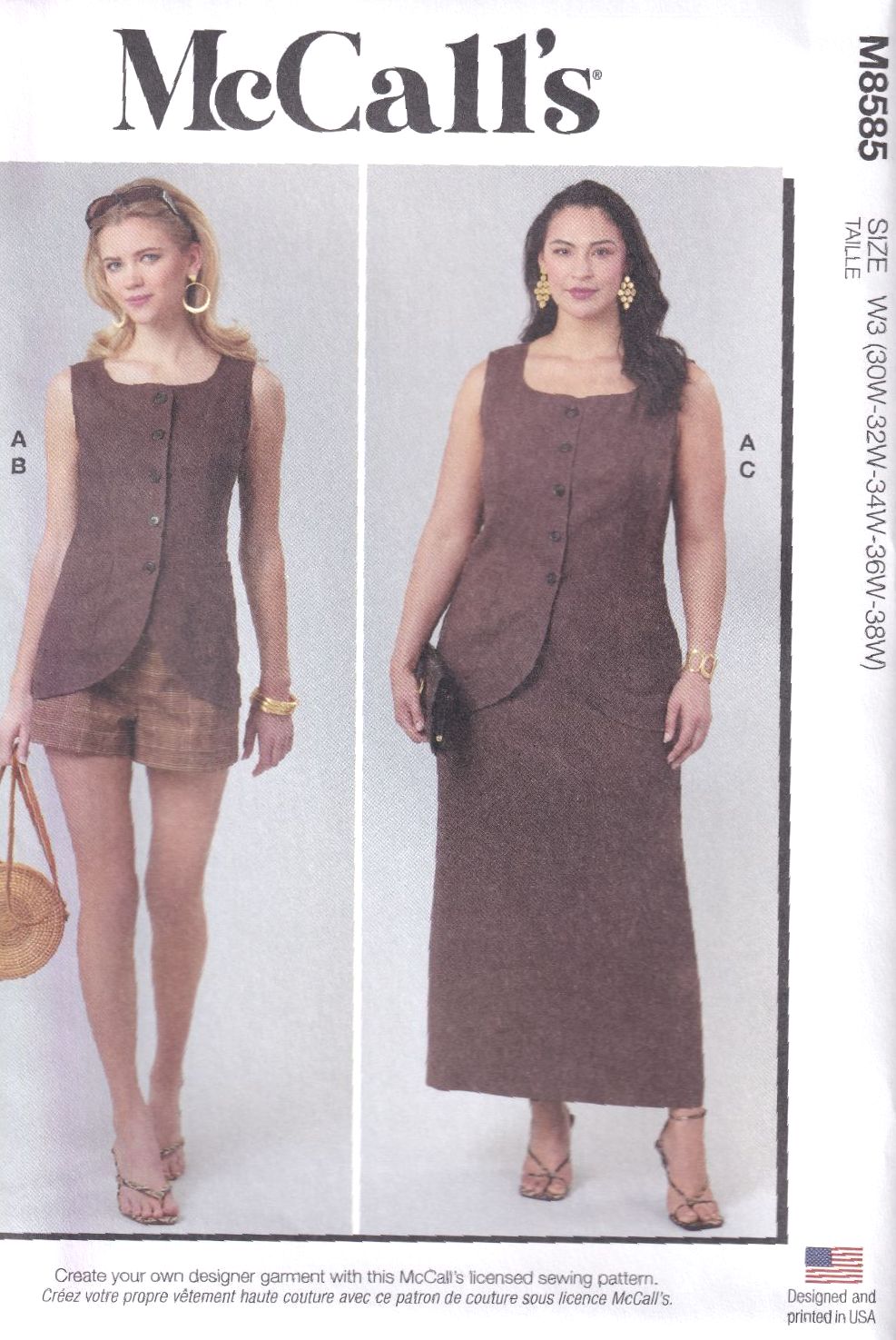 McCALLS 8585 TOP, SHORTS AND SKIRT SEWING PATTERN- SIZE W3 (30,32,34,36,38)