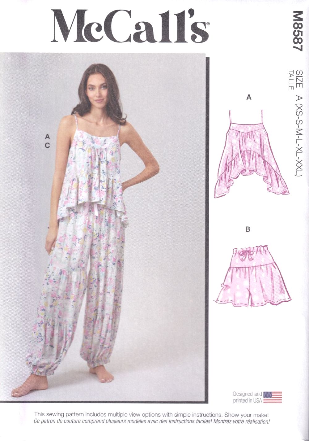 McCALLS 8587 TOP, SHORTS AND PANTS SEWING PATTERN-SIZE A (XS,S,M,L,XL,XXL)