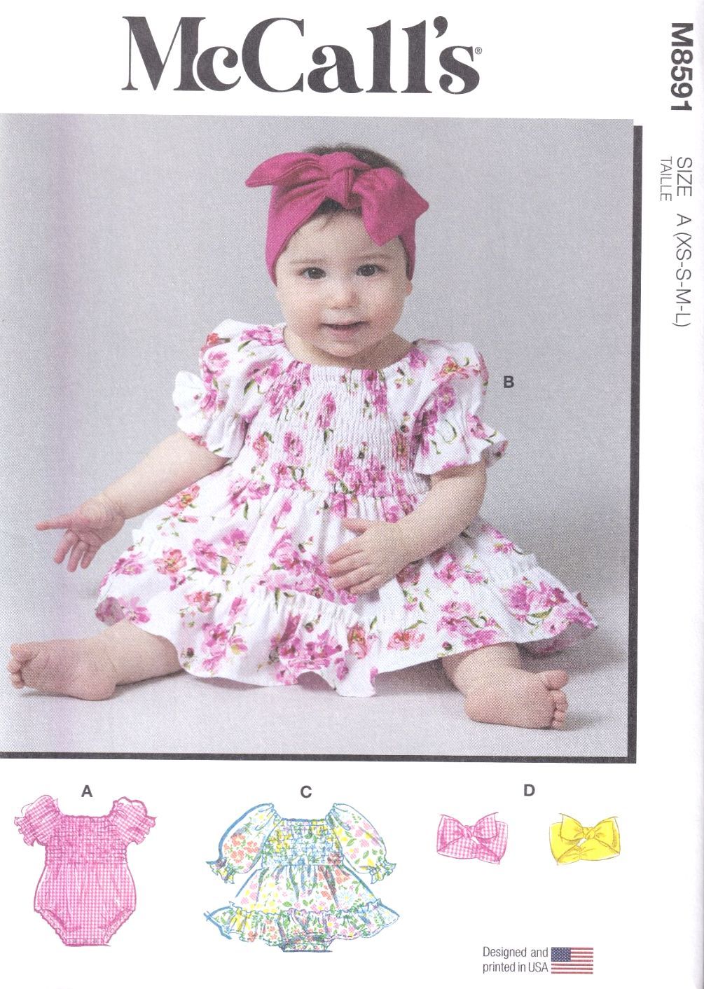 McCALLS 8591 BABIES ROMPER, DRESSES AND HEADBAND-SIZE A(XS,S,M,L)