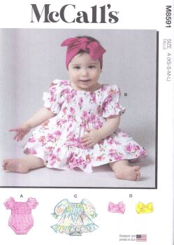 McCALLS 8591 BABIES ROMPER, DRESSES AND HEADBAND-SIZE A(XS,S,M,L)