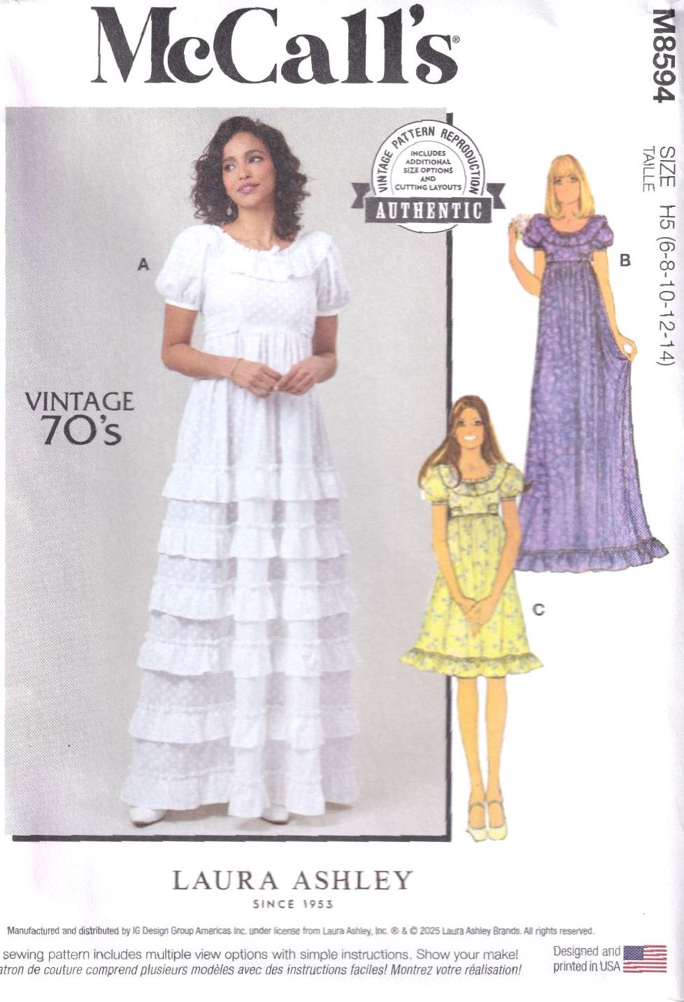 McCALLS 8594 LAURA ASHLEY DRESS SEWING PATTERN-SIZE H5 (6,8,10,12,14)