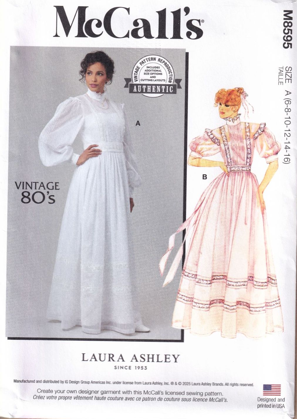 McCALLS 8595 LAURA ASHLEY GOWN, SLIP AND SASH SEWING PATTERN-SIZE A (6,8,10