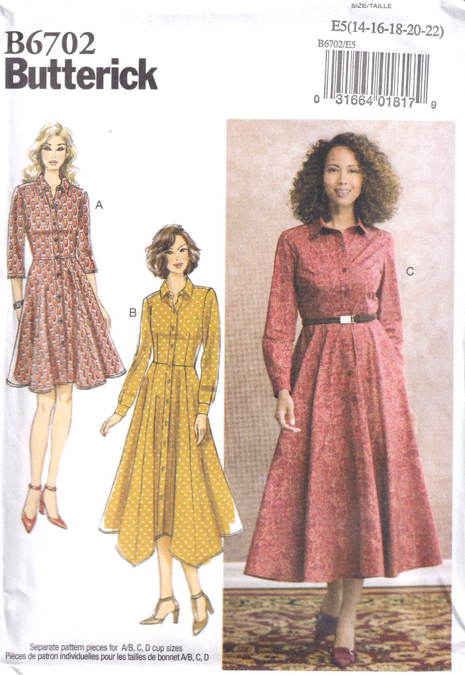 BUTTERICK B6702 DRESS SEWING PATTERN-SIZE E5 (14,16,18,20,22)