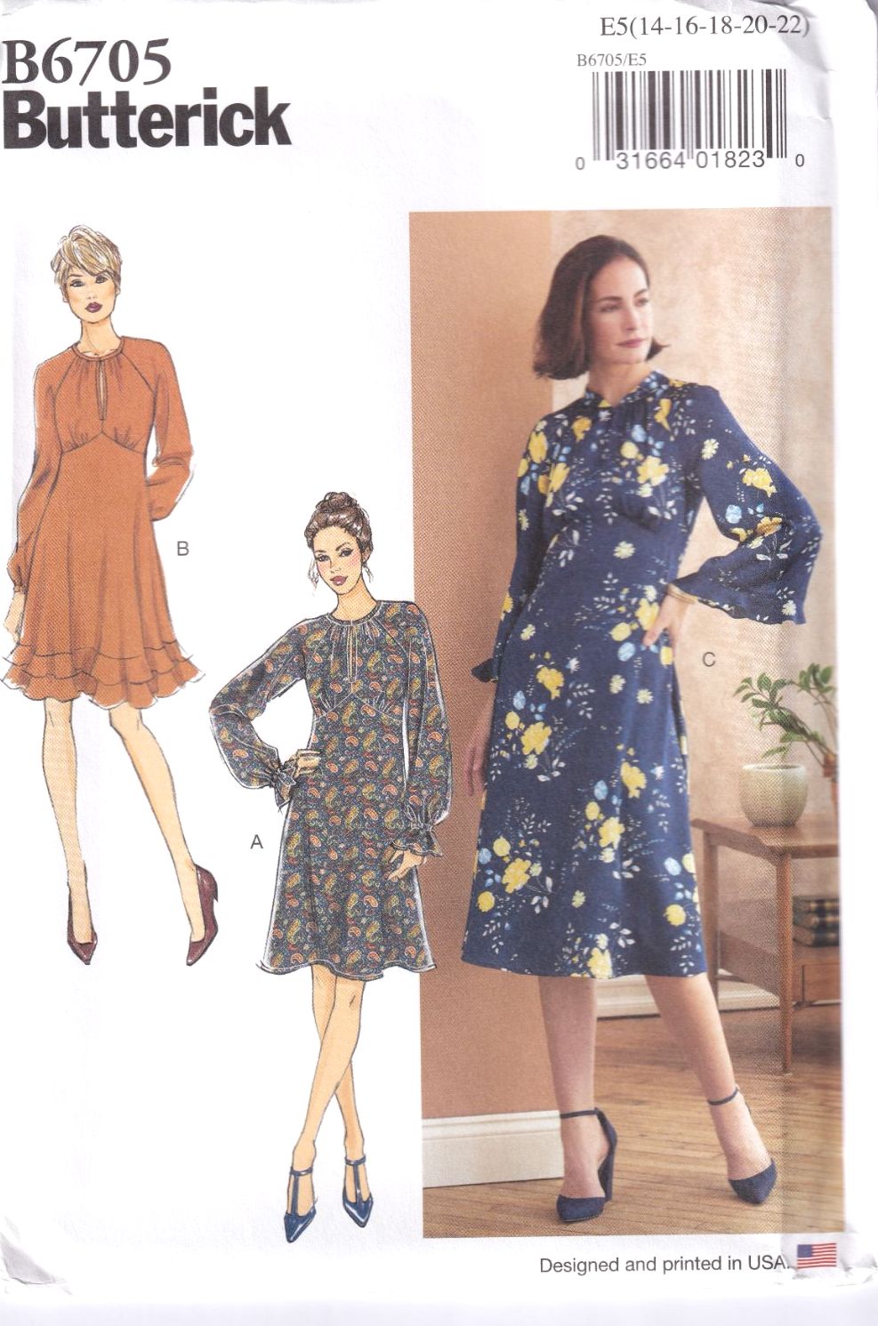 BUTTERICK B6705 DRESS SEWING PATTERN- SIZE E5 (14,16,18,20,22)