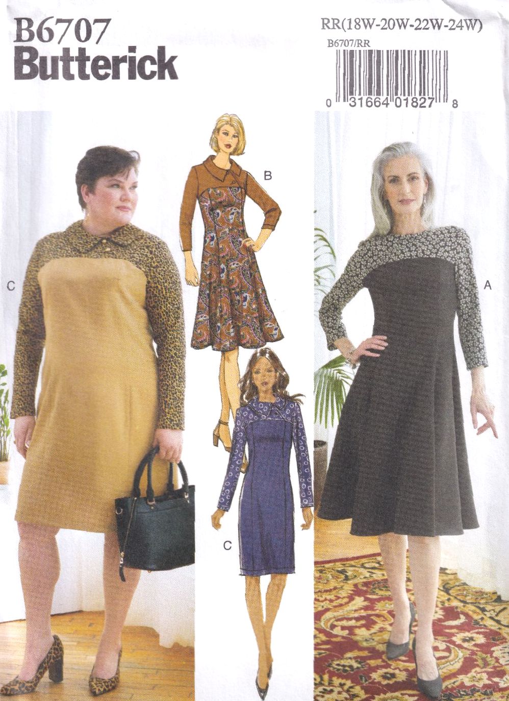 BUTTERICK B6707 DRESSES SEWING PATTERN- SIZE RR (18,20,22,24)