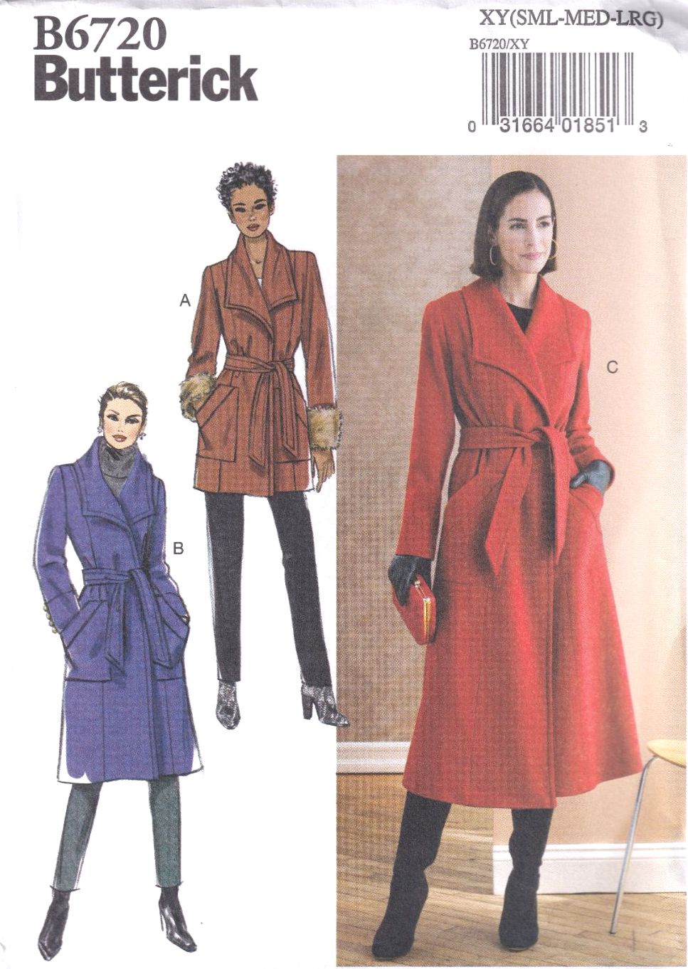BUTTERICK B6720 COAT SEWING PATTERN-SIZE XY (S,M,L)