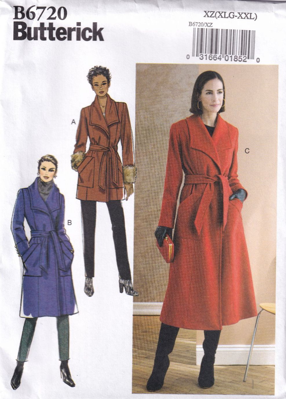 BUTTERICK B6720 COAT SEWING PATTERN-SIZE XZ (XL,XXL)