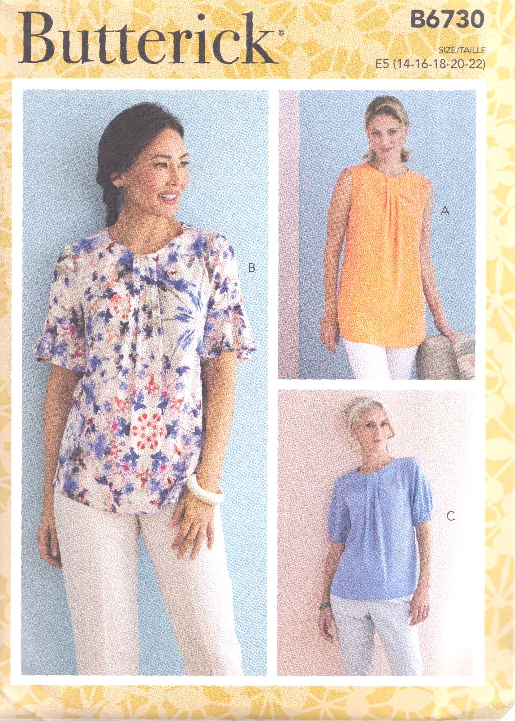 BUTTERICK B6730 TOPS SEWING PATTERN- SIZE E5 (14,16,18,20,22)