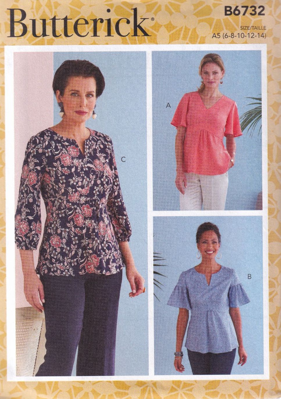 BUTTERICK B6732 TOPS SEWING PATTERN- SIZE A5 (6,8,10,12,14)