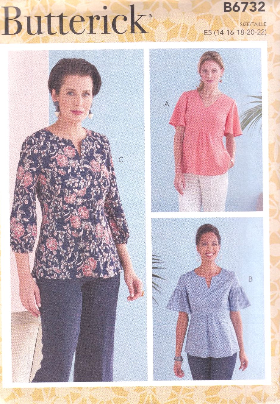 BUTTERICK B6732 TOPS SEWING PATTERN- SIZE E5 (14,16,18,20,22)