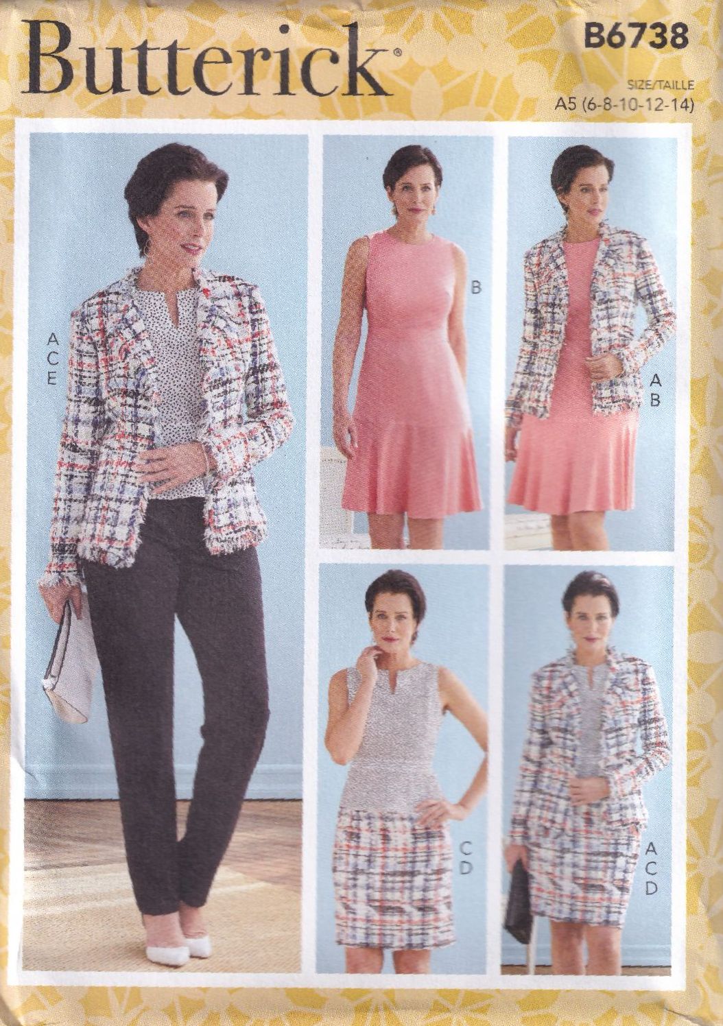 BUTTERICK B6738 JACKET, TOP, SKIRT, DRESS & PANTS-SIZE A5 (6,8,10,12,14)