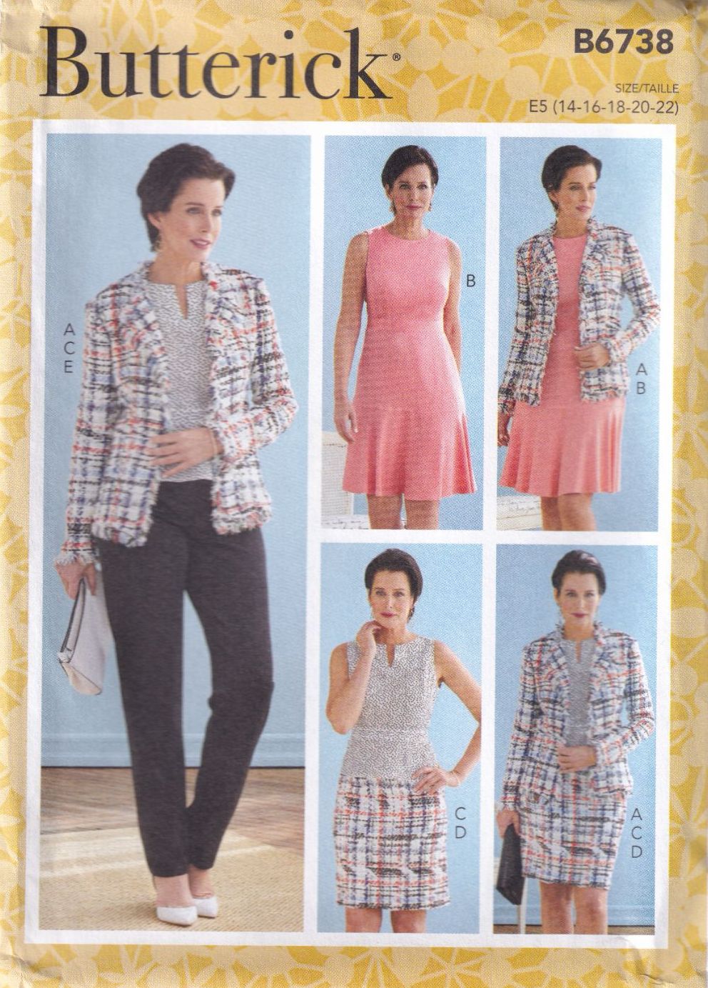 BUTTERICK B6738 JACKET, TOP, SKIRT, DRESS & PANTS-SIZE E5 (14,16,18,20,22)