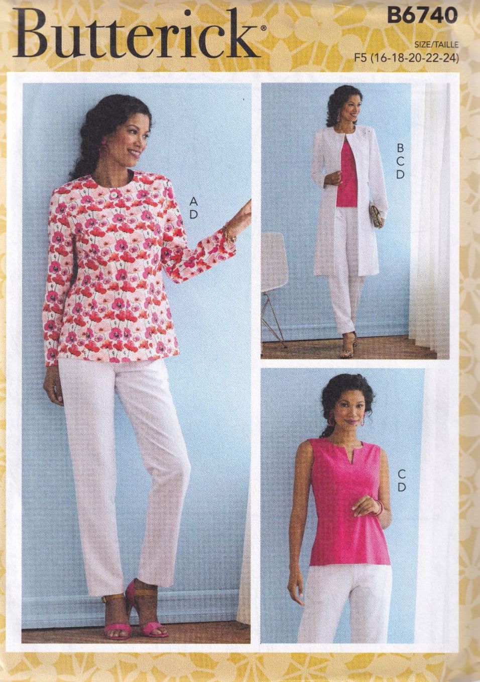 BUTTERICK B6740 JACKET, COAT, TOP AND PANTS SEWING PATTERN-SIZE F5 (16,18,2