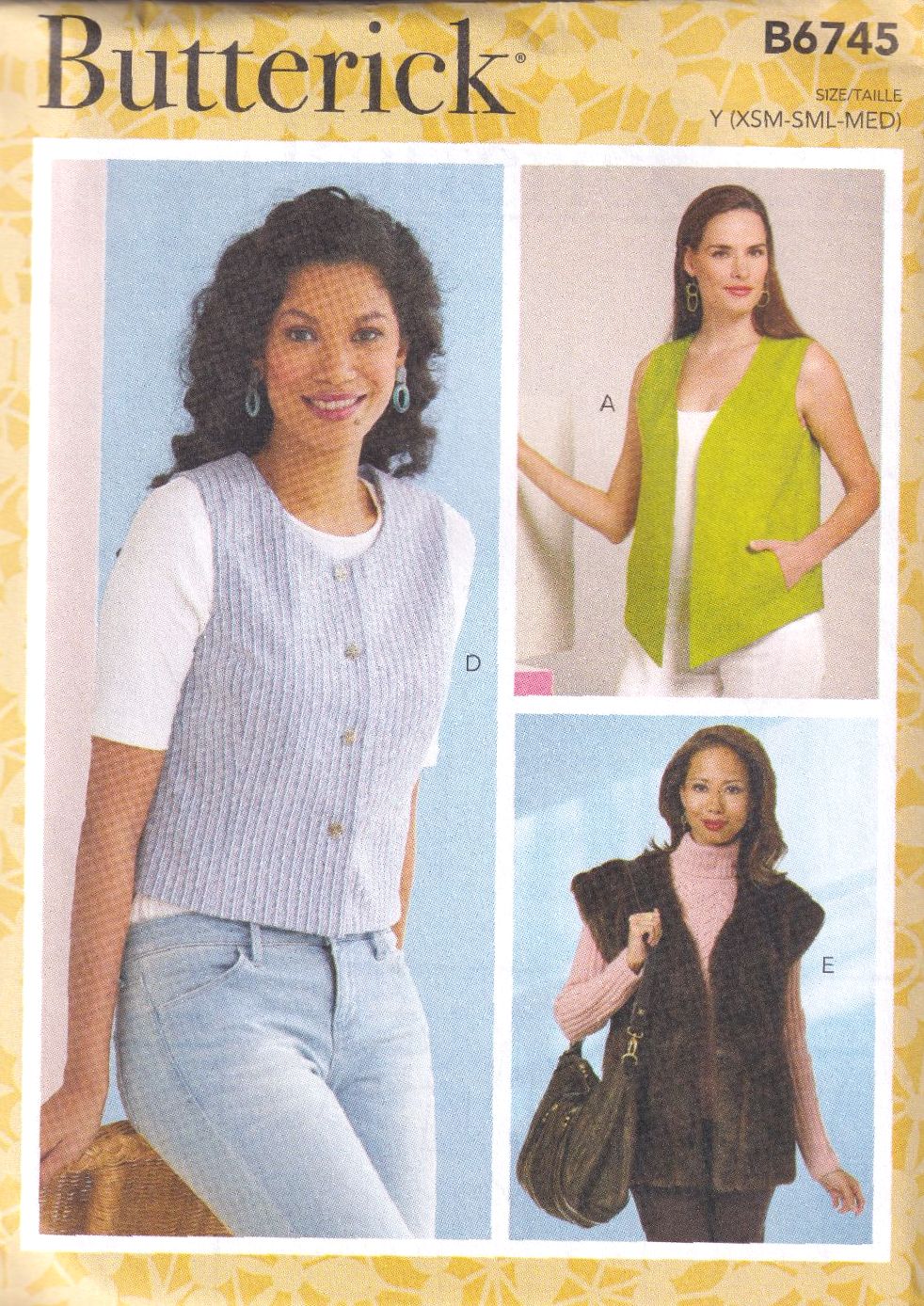 BUTTERICK B6745 VESTS SEWING PATTERN- SIZE Y (XS,S,M)