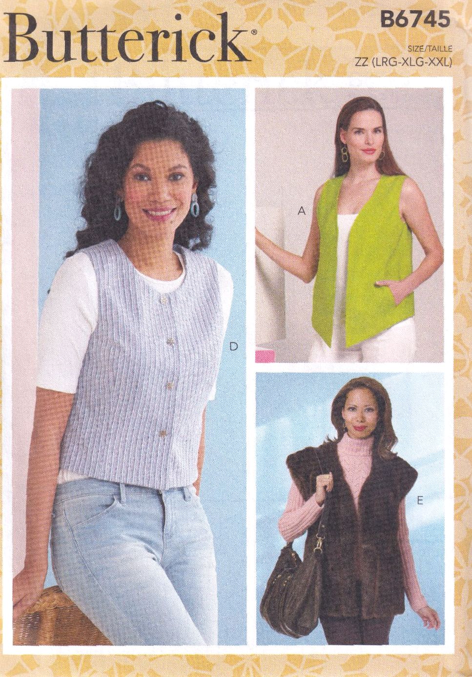 BUTTERICK B6745 VESTS SEWING PATTERN- SIZE ZZ (L,XL,XXL)